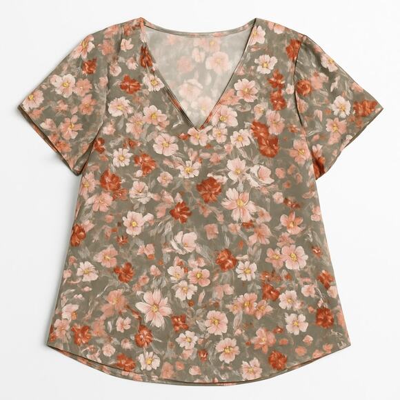 Womens 2XL Sheer Floral V Neck Top Lined Short Sleeve Plus Size - Picture 2 of 4